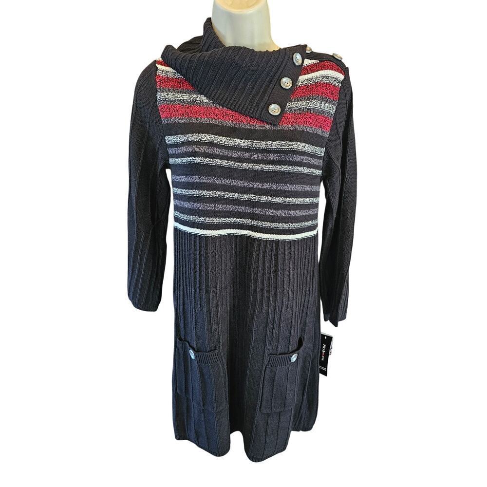 NWT Style&Co Sweater Dress tunic S Black Red Striped Pullover Long Sleeve Knit